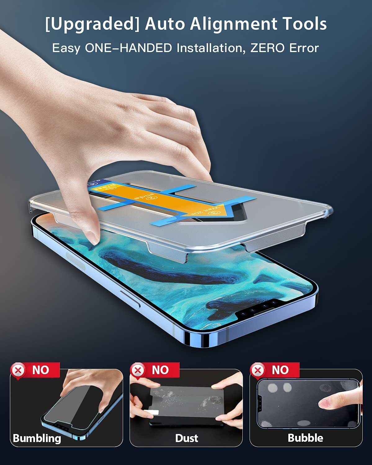 Tempered Glass Screen Protectors for iPhone 13 & 13 Pro with Auto-Alignment Kit.
