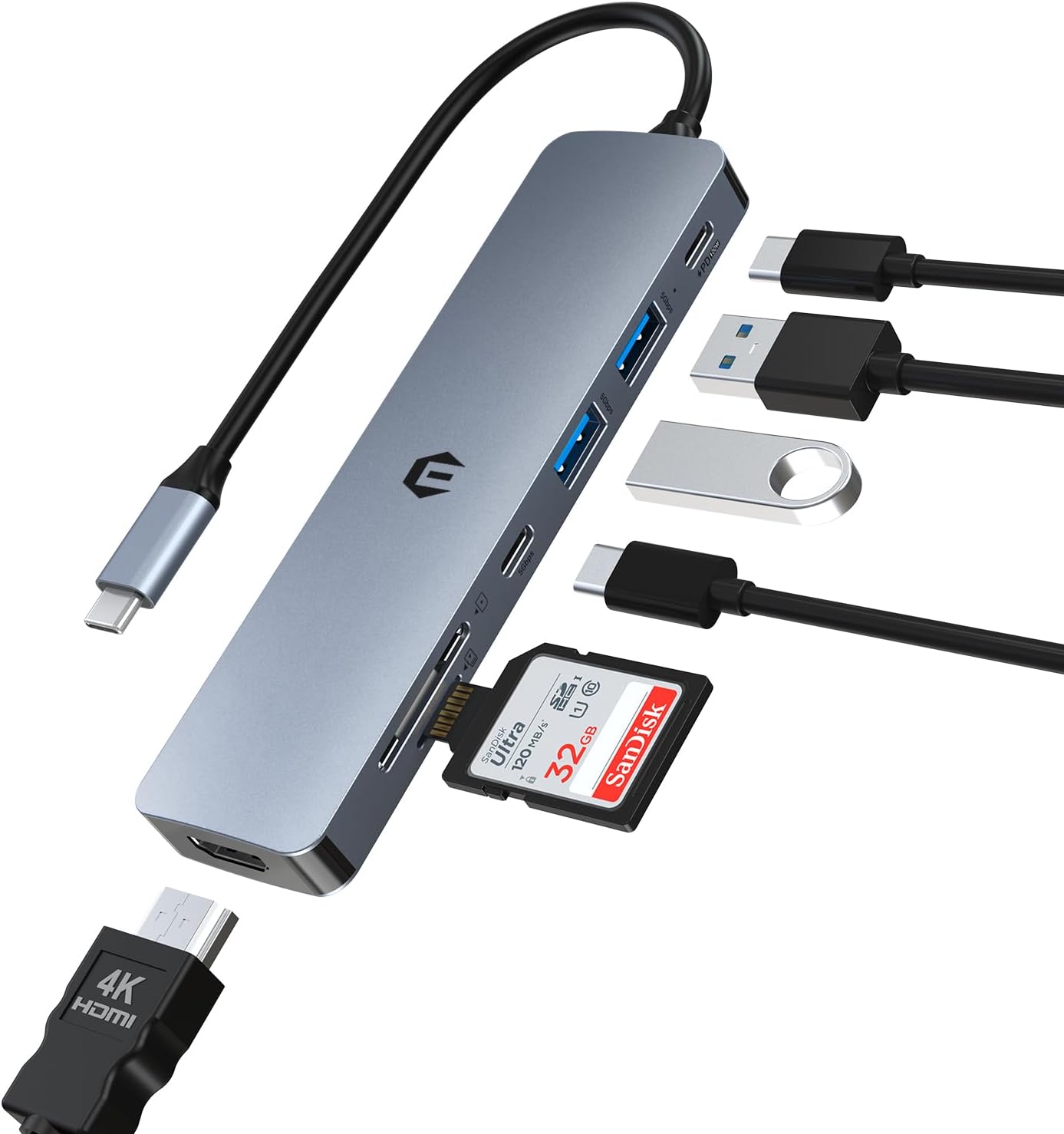 Docking Station 7 in 1 USB C Adapter with HDMI USB C 2 USB 3.0 100W PD SD/TF