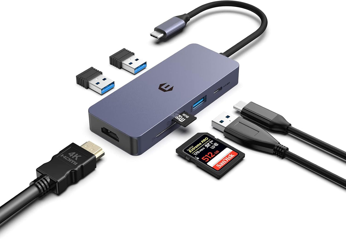 7-in-1 USB-C Hub Adapter: 4K HDMI, 100W PD, USB 3.0 Ports, SD/TF Card Reader