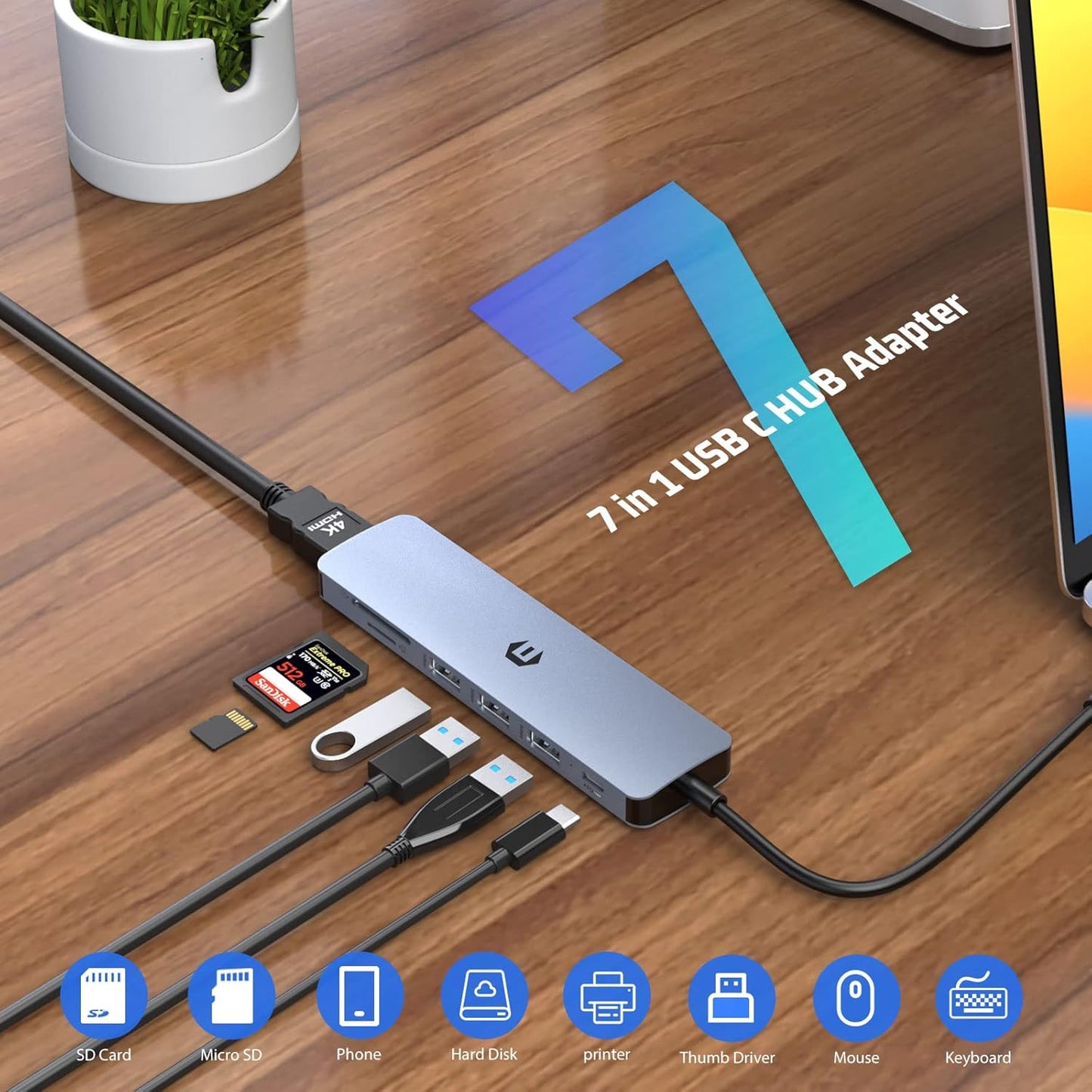 USB C Hub, 7 in 1 USB C Adapter for MacBook Air/Pro 11K HDMI Docking Station