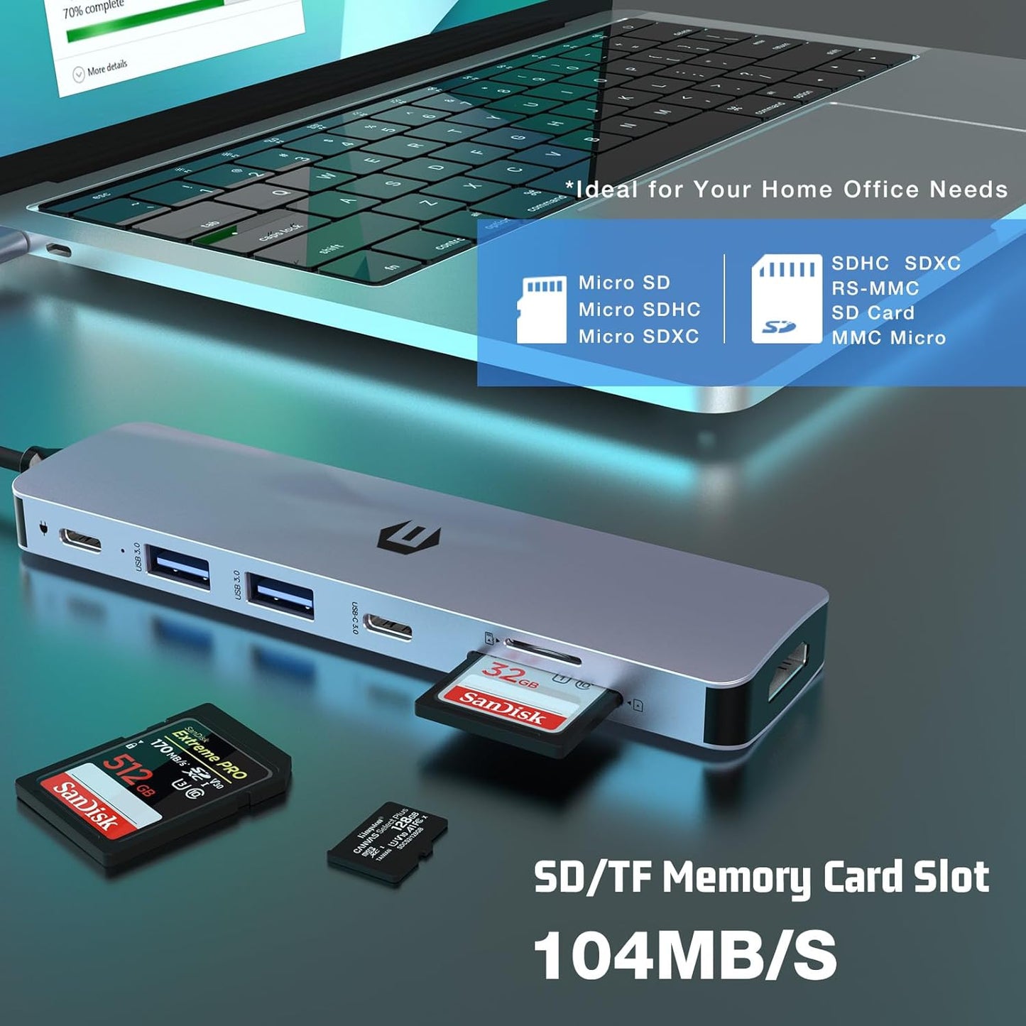 Docking Station 7 in 1 USB C Adapter with HDMI USB C 2 USB 3.0 100W PD SD/TF