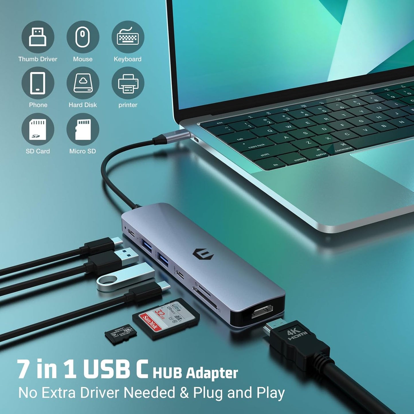 Docking Station 7 in 1 USB C Adapter with HDMI USB C 2 USB 3.0 100W PD SD/TF