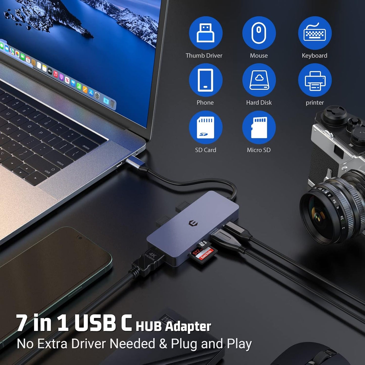 7-in-1 USB-C Hub Adapter: 4K HDMI, 100W PD, USB 3.0 Ports, SD/TF Card Reader
