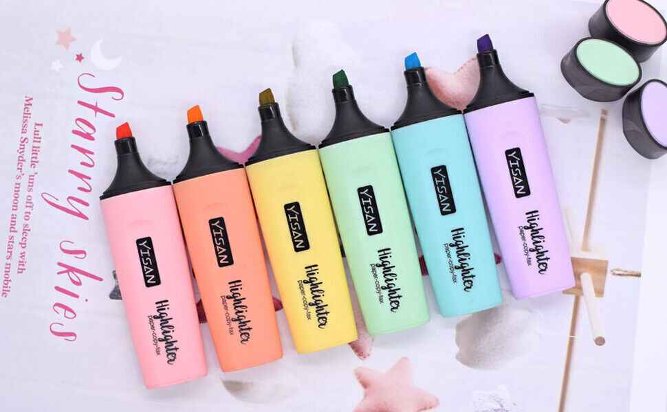 BACK TO SCHOOL YISAN Highlighters Pastel Markers, Set of 6 Assorted Colours