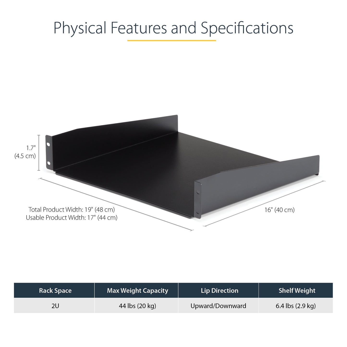 StarTech.com 2U Fixed Server Rack Mount Shelf 16in Deep for 19" Network Rack