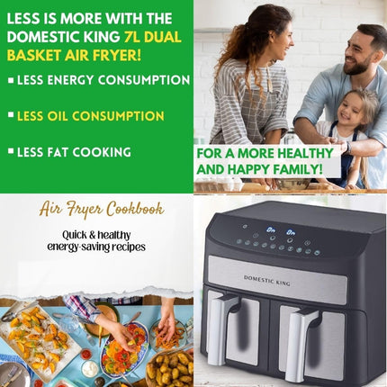 Domestic King 7L Digital Dual Basket 2400W Air Fryer With Recipe Book, 3.5L Each