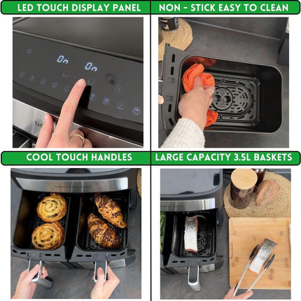 Domestic King 7L Digital Dual Basket 2400W Air Fryer With Recipe Book, 3.5L Each