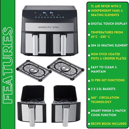 Domestic King 7L Digital Dual Basket 2400W Air Fryer With Recipe Book, 3.5L Each
