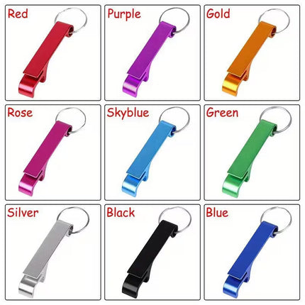 Keychain bottle openers in various colors on a white background