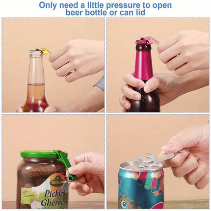 A four-panel demonstration showing a single bottle opener being used to open a beer bottle, a dark bottle, a jar of gherkin, and a beverage can. Blue text at the top reads, 'Only need a little pressure to open beer bottle or can lid.