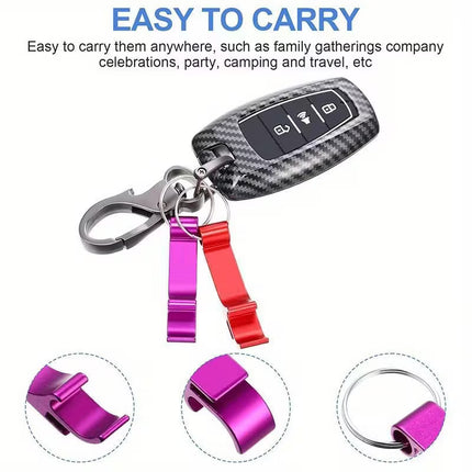 Carbon fiber car key fob cover with a keychain and two colorful wristlet straps in purple and red, shown on a white background with explanatory text and three circular detail insets.