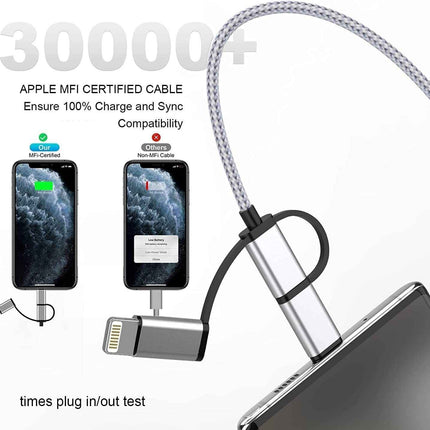 3 in 1 Cable, Lightning Type C Micro USB Charging Cable Adapter MFI Certified