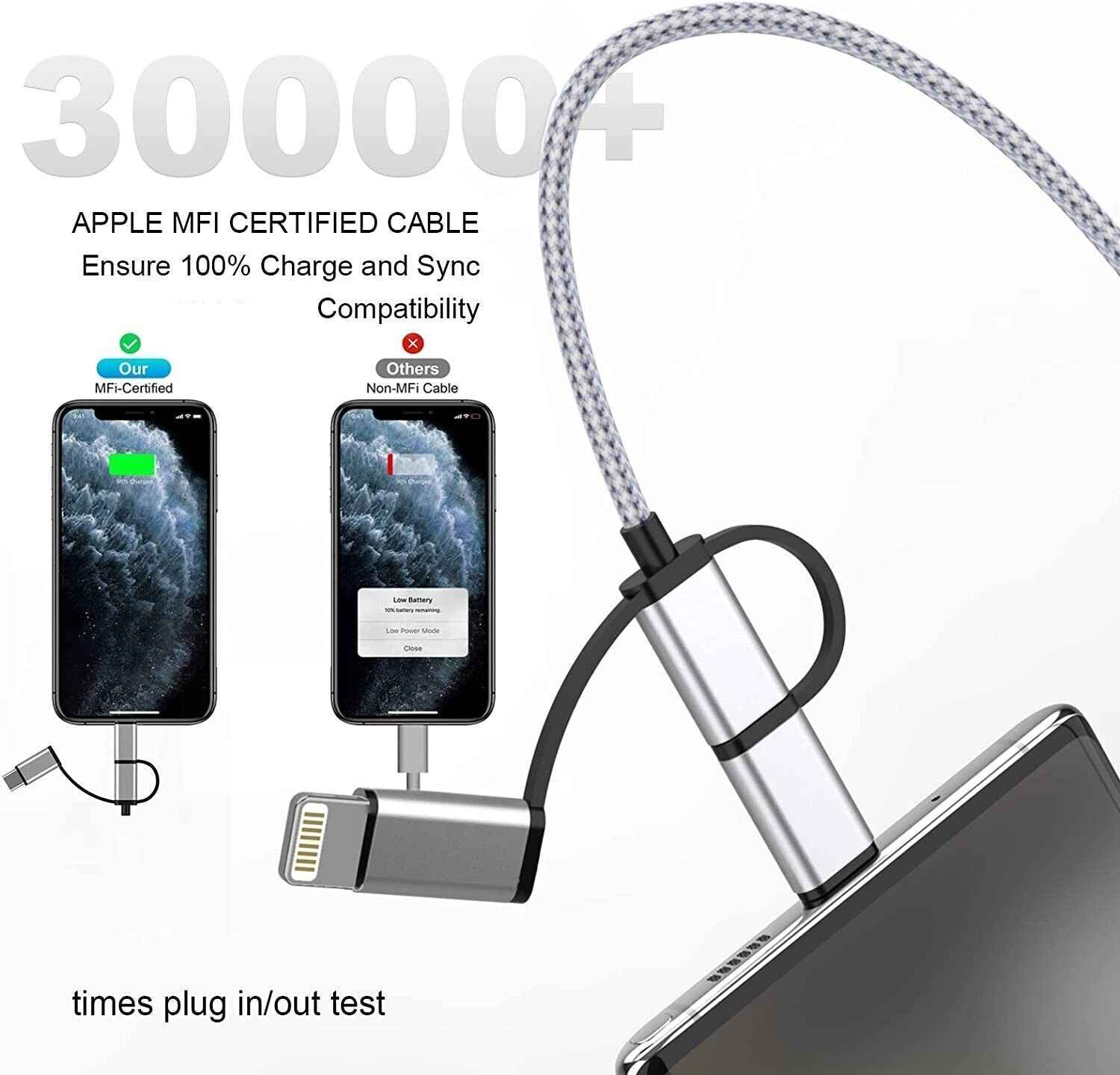 3 in 1 Cable, Lightning Type C Micro USB Charging Cable Adapter MFI Certified