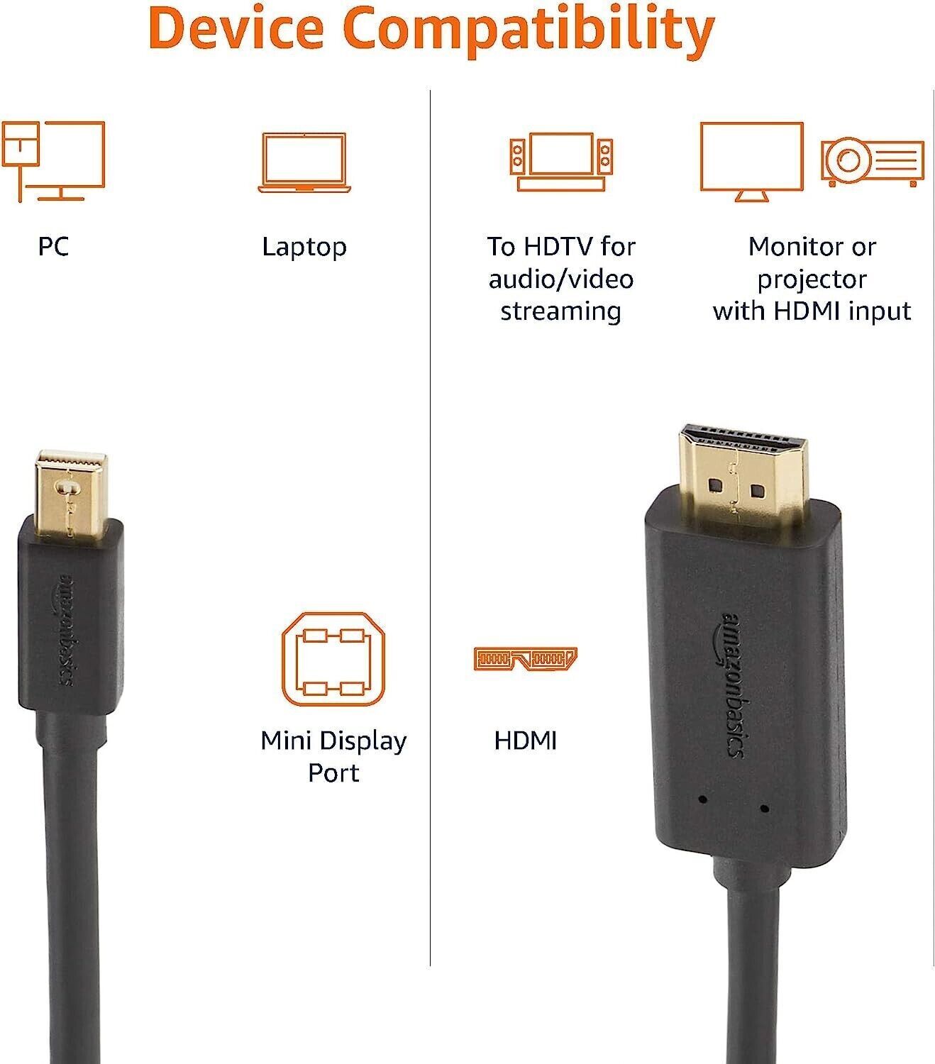 Amazon Basics Mini DisplayPort to HDMI Cable for MacBook Surface Pro 0.9m/3ft