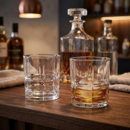 Two clear whiskey rocks glasses on a wooden bar counter, with one glass empty and the other containing amber liquor and an ice cube. A decanter and other bottles are blurred in the background.