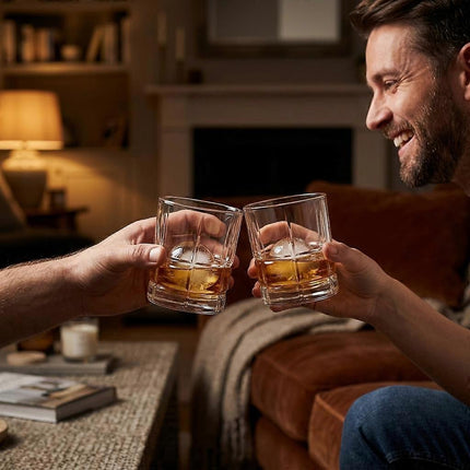 Two men clinking whiskey glasses in a cozy living room setting, with warm lighting and a fireplace in the background.