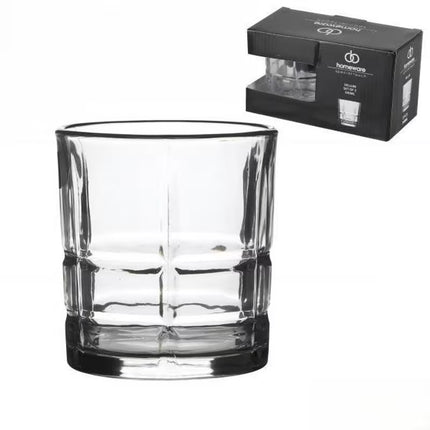 A clear cut-glass rocks tumbler with a thick base and vertical fluting, shown alongside its black branded retail box on a white background.