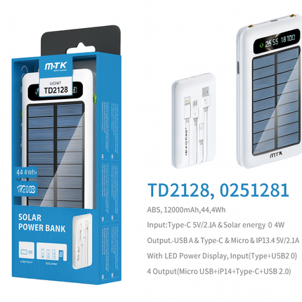 12000mAh Power Bank with Solar Panel Micro USB, iPhone, Type-C, and USB With LED