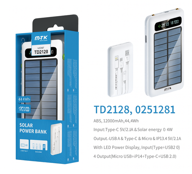 12000mAh Power Bank with Solar Panel Micro USB, iPhone, Type-C, and USB With LED