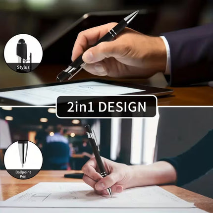 Hand holding a 2-in-1 stylus and ballpoint pen with text '2in1 DESIGN' on a blurred office background.