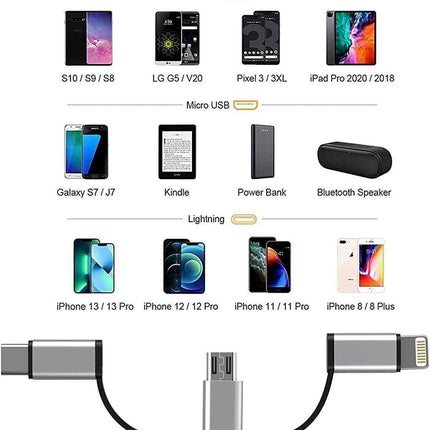 3 in 1 Cable, Lightning Type C Micro USB Charging Cable Adapter MFI Certified