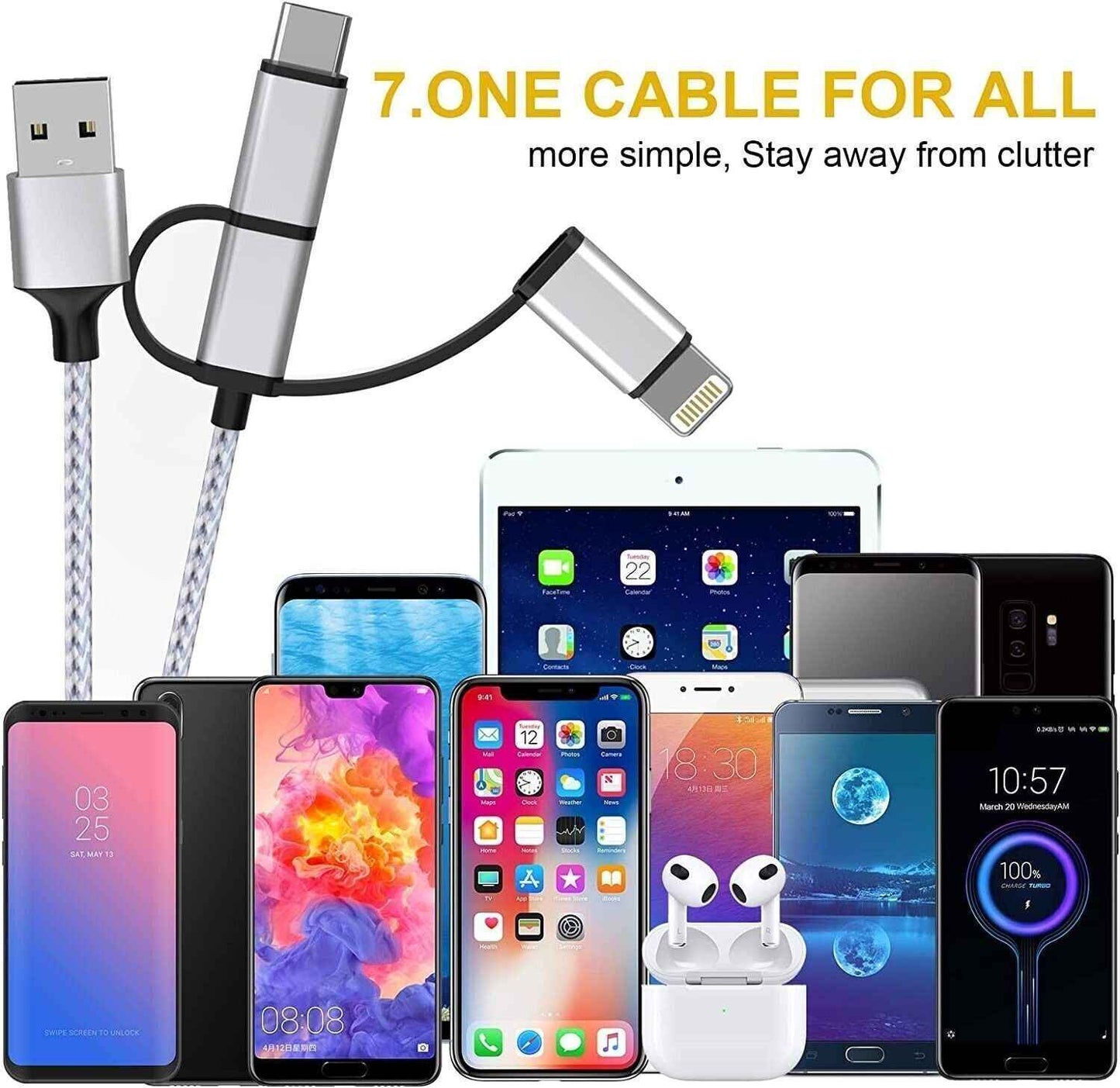 3 in 1 Cable, Lightning Type C Micro USB Charging Cable Adapter MFI Certified