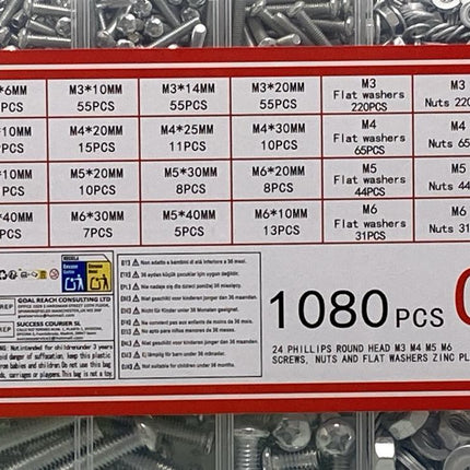 1080 piece metric fastener assortment kit label showing M3 M4 M5 M6 screws nuts and washers contents