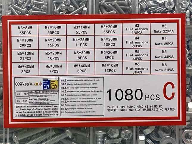 1080 piece metric fastener assortment kit label showing M3 M4 M5 M6 screws nuts and washers contents