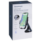 Goodmans Universal In-Car Phone Holder retail packaging box, featuring a white and dark navy design with product details and an illustration of the black phone holder mounted on a dashboard.