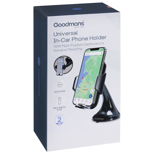 Goodmans Universal In-Car Phone Holder retail packaging box, featuring a white and dark navy design with product details and an illustration of the black phone holder mounted on a dashboard.
