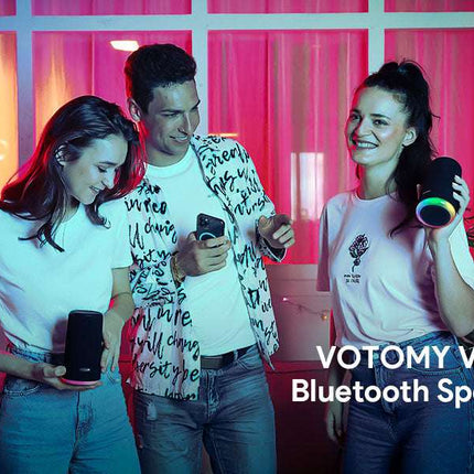 VOTOMY Bluetooth Speaker 24H Playtime 360° Bass RGB Lights IPX7 Waterproof Black