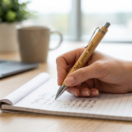 A close-up of a hand holding a wooden pen engraved with 'Not your dad!' while writing in a lined notebook on a wooden desk, with a laptop, mug, and plant blurred in the background.