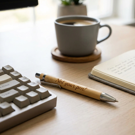 A wooden pen engraved with 'Not your dad's pen!' lies on a light wood desk next to a keyboard, a gray coffee mug on a coaster, and an open notebook.