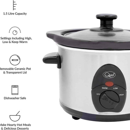 Quest 1.5 Litre Compact Slow Cooker Stainless Steel 120W 3 Temperature Settings