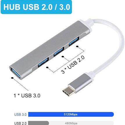4 Ports USB Adapter Type-C to USB 3.0 Dongle Splitter Ultra Slim Space Silver
