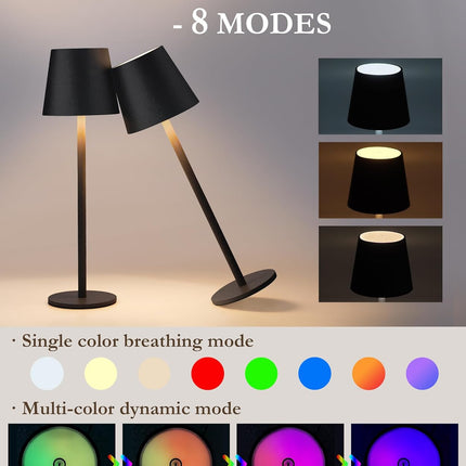 Cordless LED Table Lamp RGB Rechargeable Desk Light IP54 Touch Dimmable 2 Pack