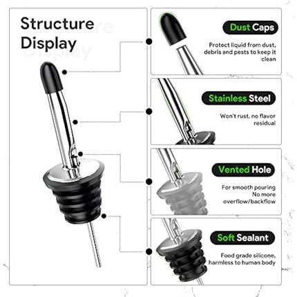 Drink Pourers Stainless Steel with Stoppers for Oils, Whiskey, Cocktails 12 Pack