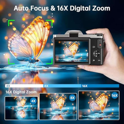 4K 64MP Digital Camera WiFi Autofocus Vlogging Camera Flip Screen 64GB Aureapix