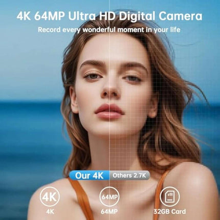 4K 64MP Digital Camera WiFi Autofocus Vlogging Camera Flip Screen 64GB Aureapix