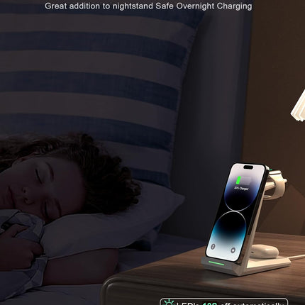 15W Fast Wireless Charger Dock 3-in-1 for iPhone Watch and AirPods in White