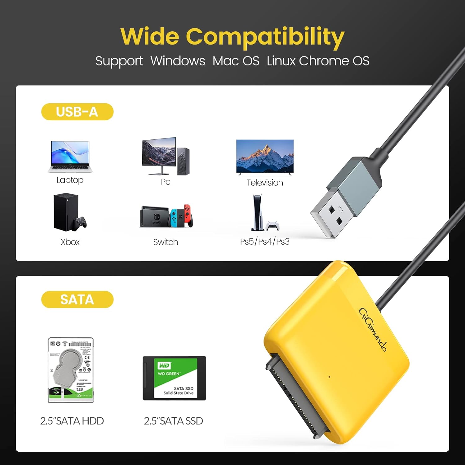 USB 2.0 to SATA Adapter Cable to 2.5 SSD & HDD with UASP Support 0.5M Cable