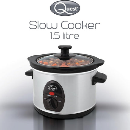 Quest 1.5 Litre Compact Slow Cooker Stainless Steel 120W 3 Temperature Settings