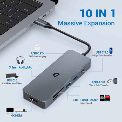 10 in 1 USB C Multiport Hub with 4K HDMI Output USB C TF Card Reader USB A 2&3