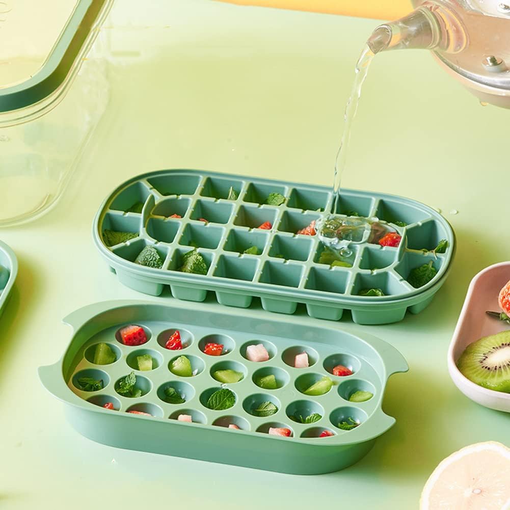 Ice Cube Trays Lid and Storage Bin for Freezer 2 Pack Square & Round BPA Free