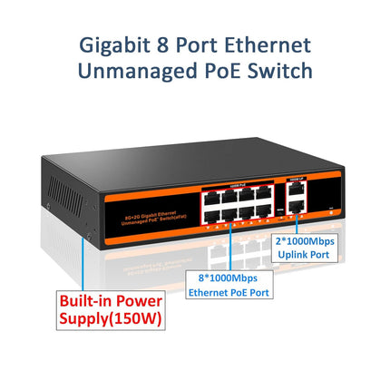 10-port 100Mbps PoE Switch with 2 UpLink ports 150W 802.3af/at Unmanaged