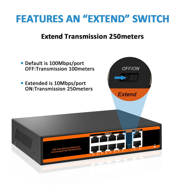 10-port 100Mbps PoE Switch with 2 UpLink ports 150W 802.3af/at Unmanaged