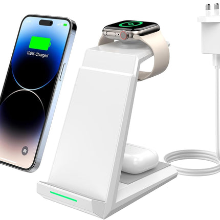 15W Fast Wireless Charger Dock 3-in-1 for iPhone Watch and AirPods in White