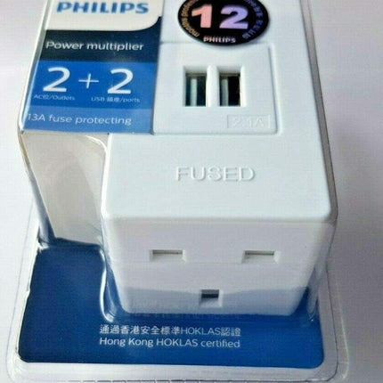 Philips Double Plug and USB UK Socket 2 x UK Plug Sockets and 2 x USB-A Ports
