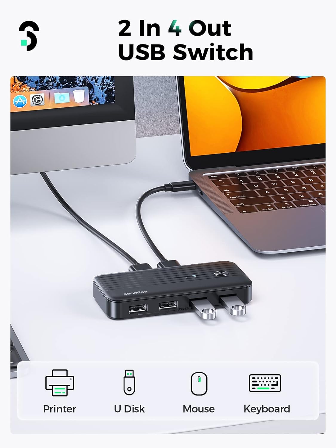 KVM USB 3.0 Switcher for 2 PCs to Share USB Devices 5Gbps High Speed 2 In 4 Out