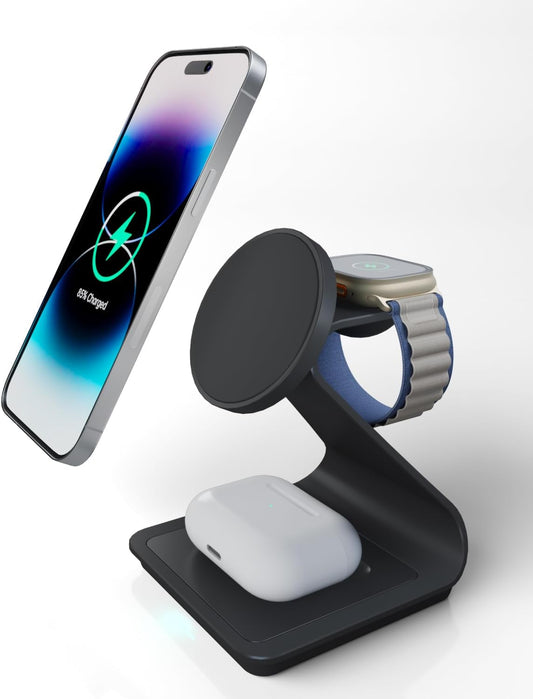 3 in 1 Aluminum Alloy Wireless Charger For iPhone Apple Watch and AirPods Black